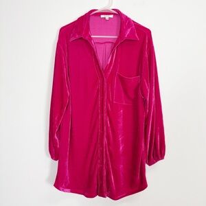 Lalavon Pink Button Up Shirt Womens Medium Pink Velour Tunic Pocket